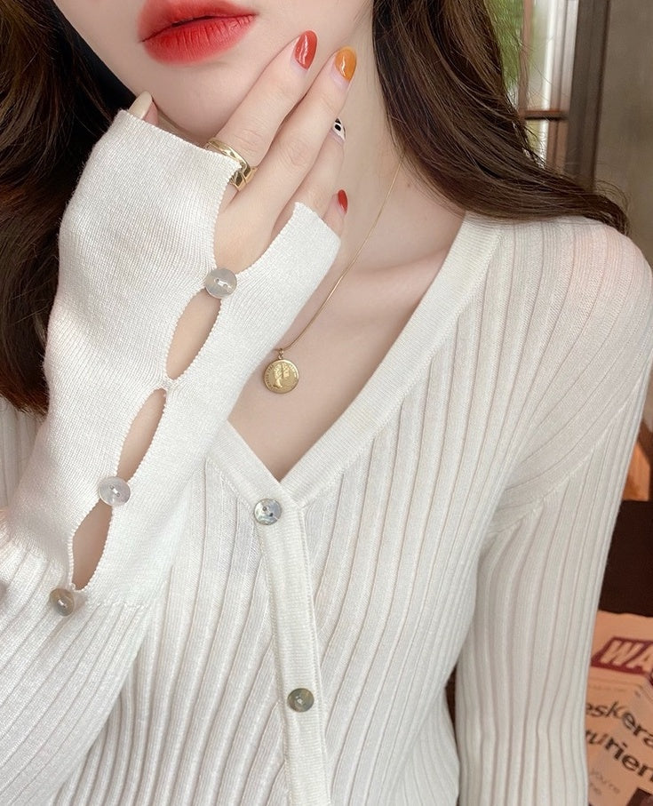 White Slanted Buttons Knitted Cardigan