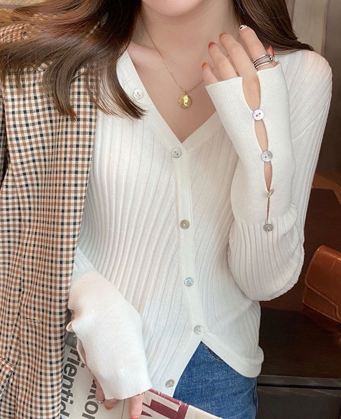 White Slanted Buttons Knitted Cardigan