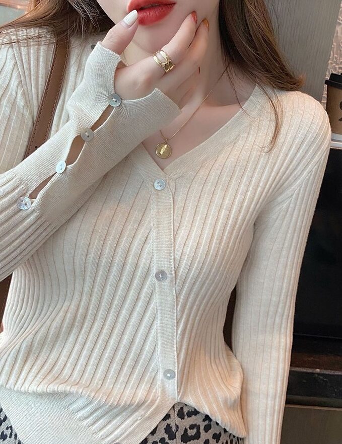 White Slanted Buttons Knitted Cardigan