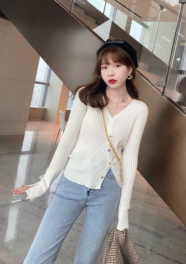White Slanted Buttons Knitted Cardigan