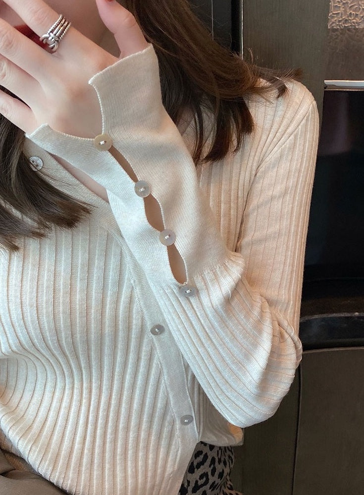 White Slanted Buttons Knitted Cardigan
