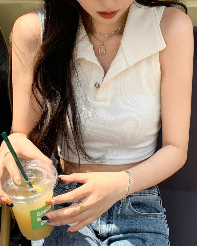 White Sleeveless Collared Crop Top