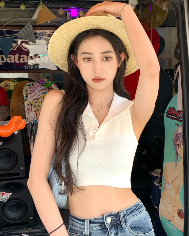 White Sleeveless Collared Crop Top
