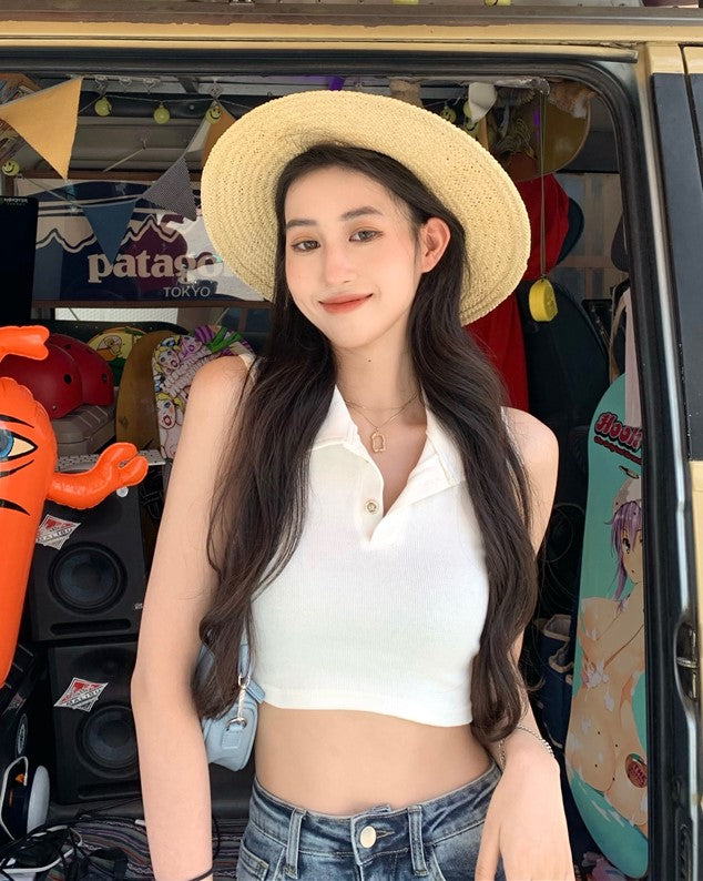 White Sleeveless Collared Crop Top