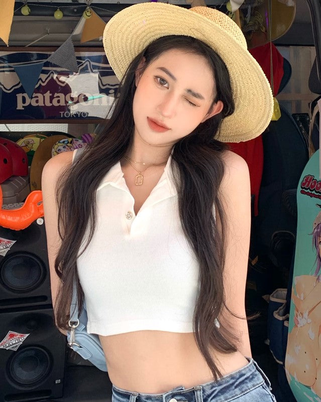 White Sleeveless Collared Crop Top