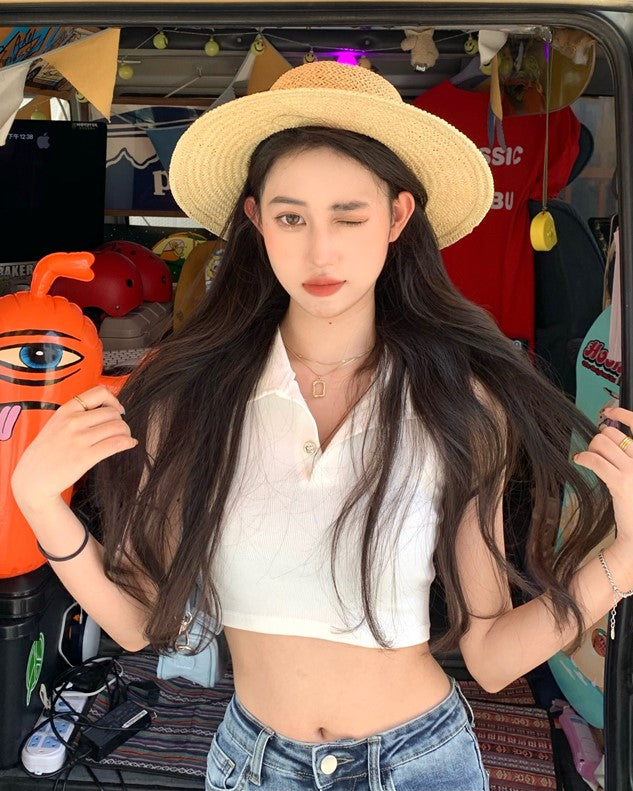 White Sleeveless Collared Crop Top