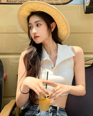 White Sleeveless Collared Crop Top