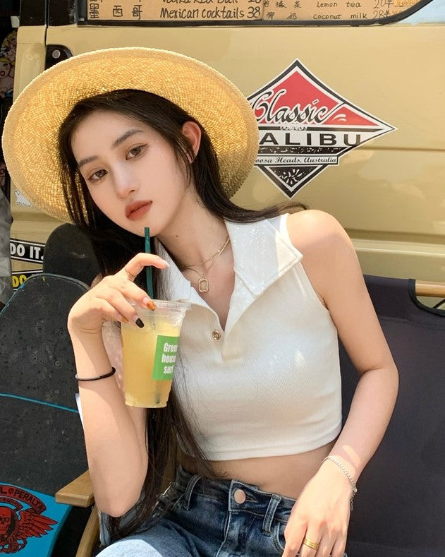 White Sleeveless Collared Crop Top