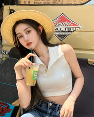 White Sleeveless Collared Crop Top