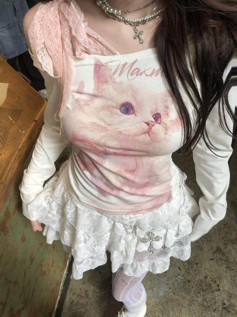 White Soft Kitty Graphic Off-Shoulder Top
