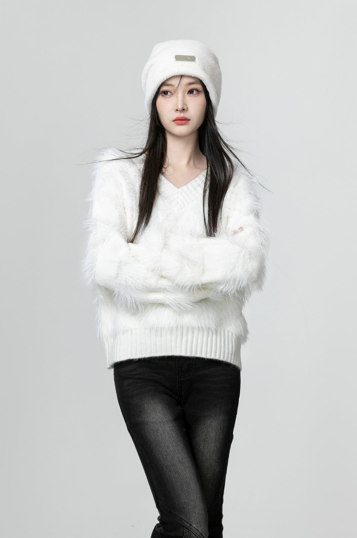 White Soft Knit Vneck Sweater
