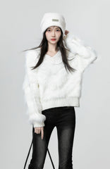 White Soft Knit Vneck Sweater