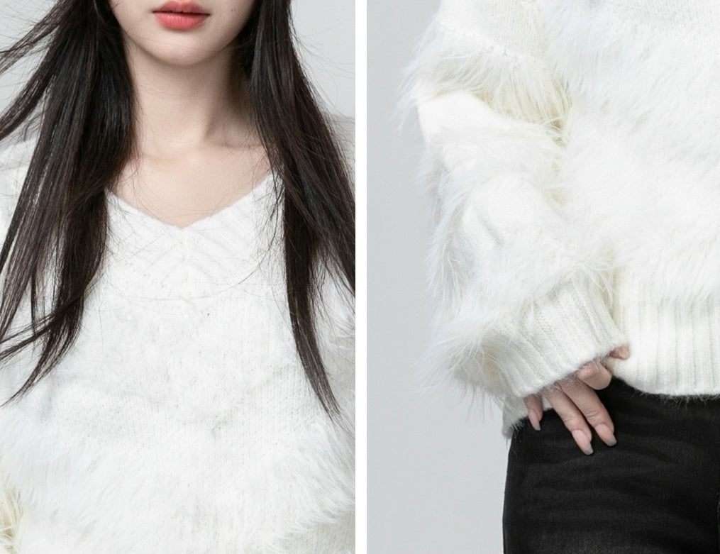 White Soft Knit Vneck Sweater