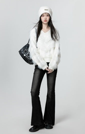 White Soft Knit Vneck Sweater
