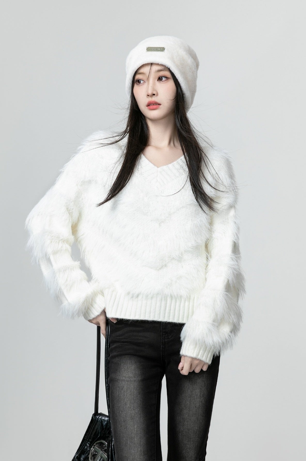 White Soft Knit Vneck Sweater