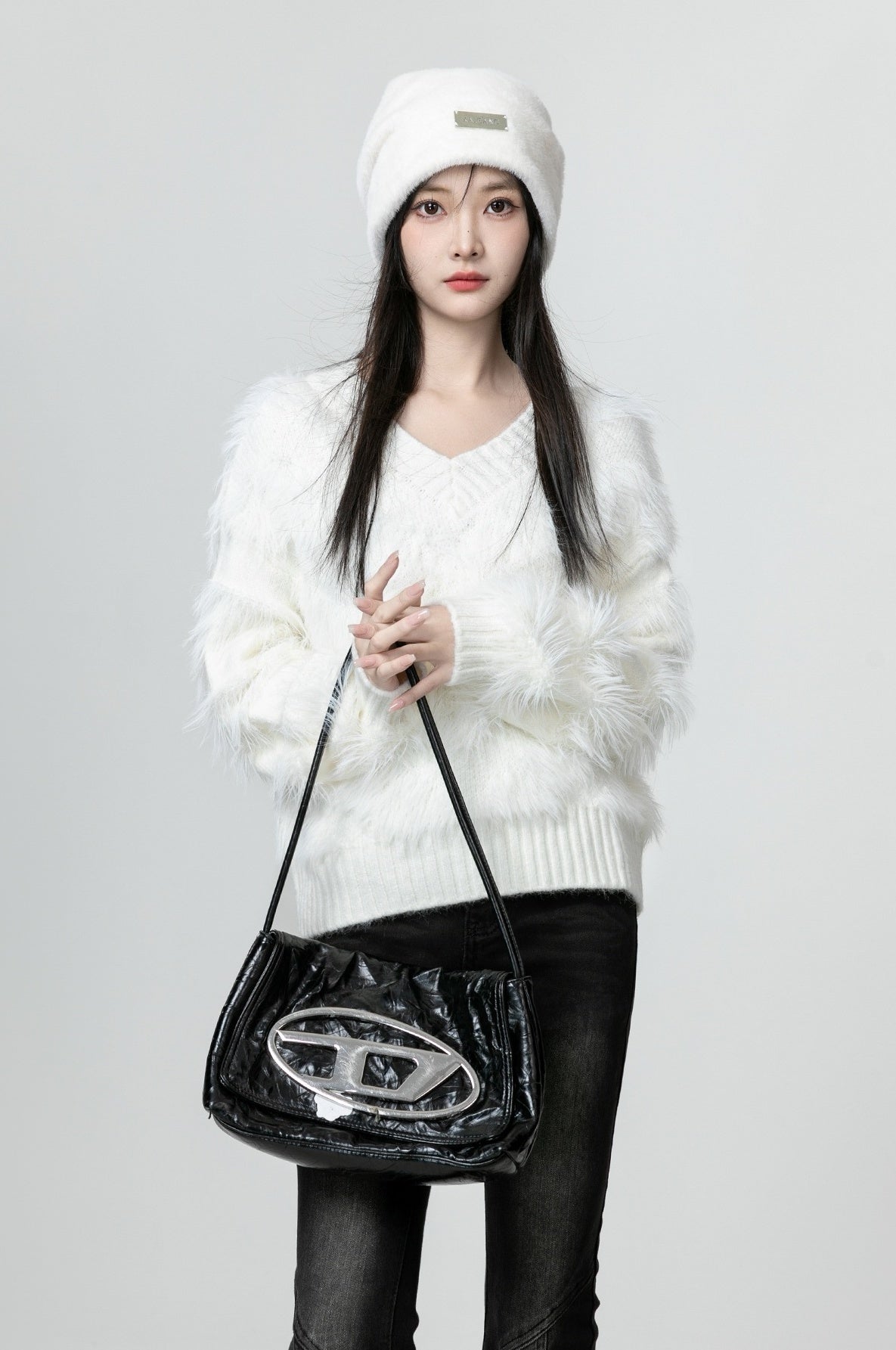 White Soft Knit Vneck Sweater