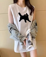 White Spooked Cat Sleeveless T-Shirt