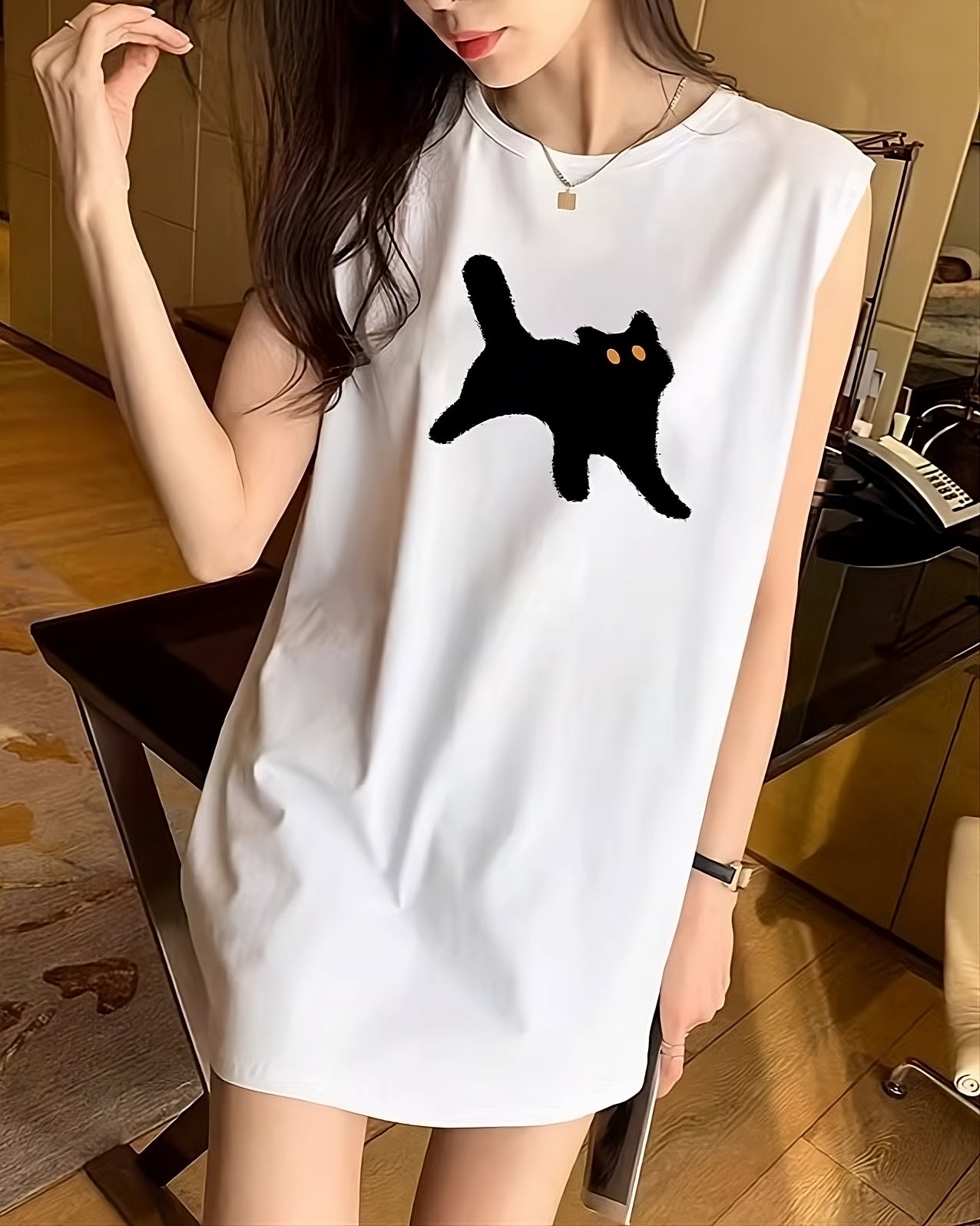 White Spooked Cat Sleeveless T-Shirt