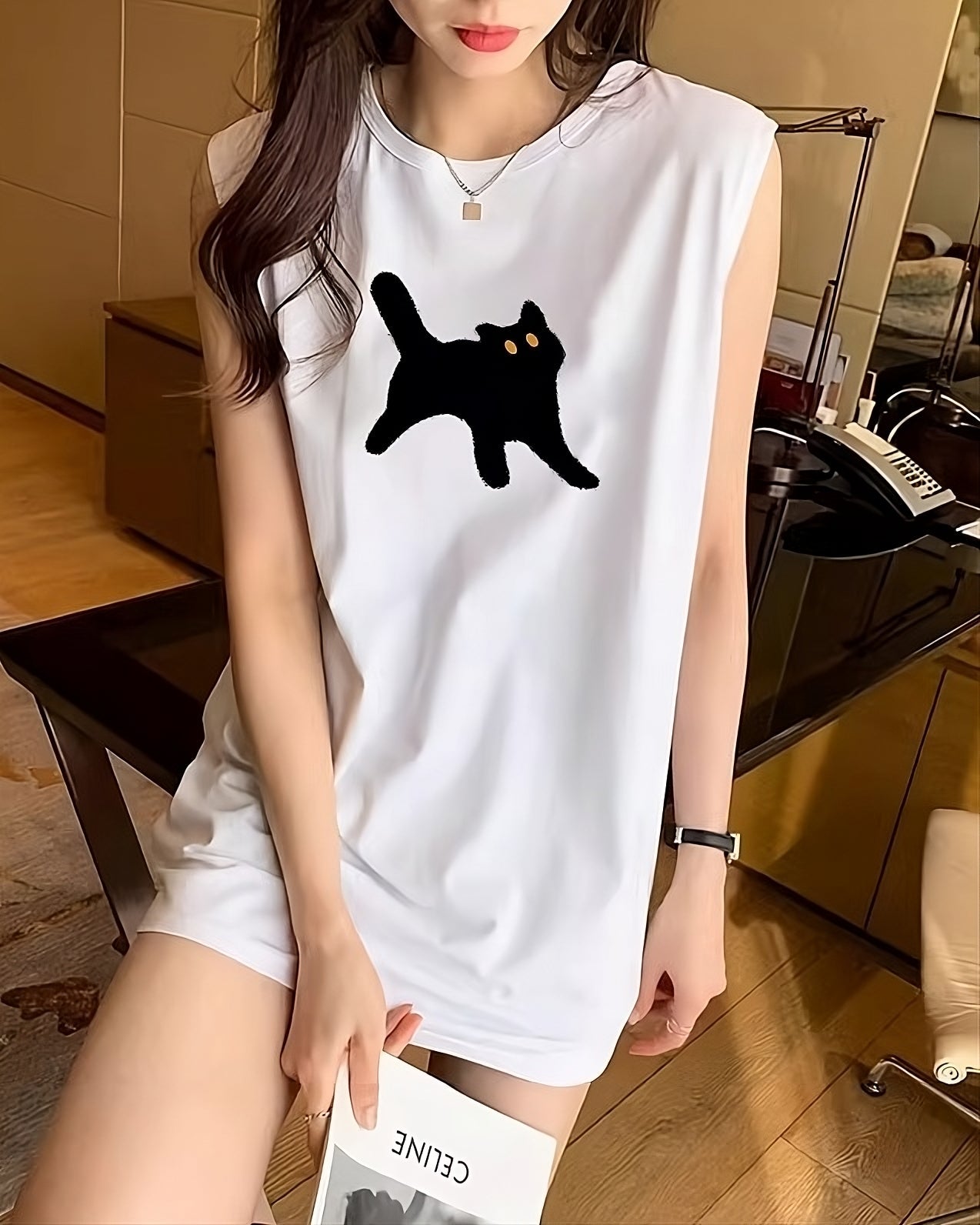 White Spooked Cat Sleeveless T-Shirt