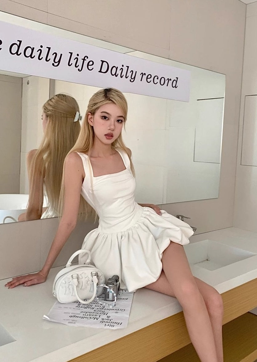 White Square Neck Bubble Dress