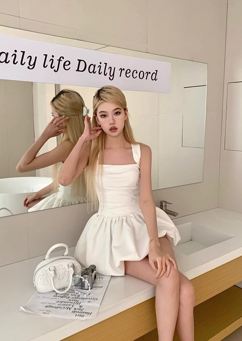 White Square Neck Bubble Dress
