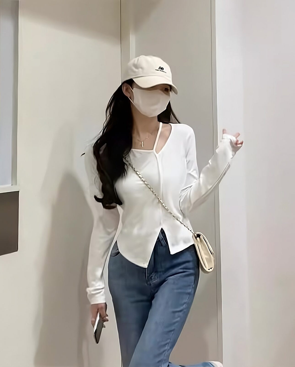 White Strap Irregular Long Sleeves Top