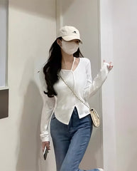 White Strap Irregular Long Sleeves Top