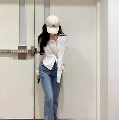 White Strap Irregular Long Sleeves Top