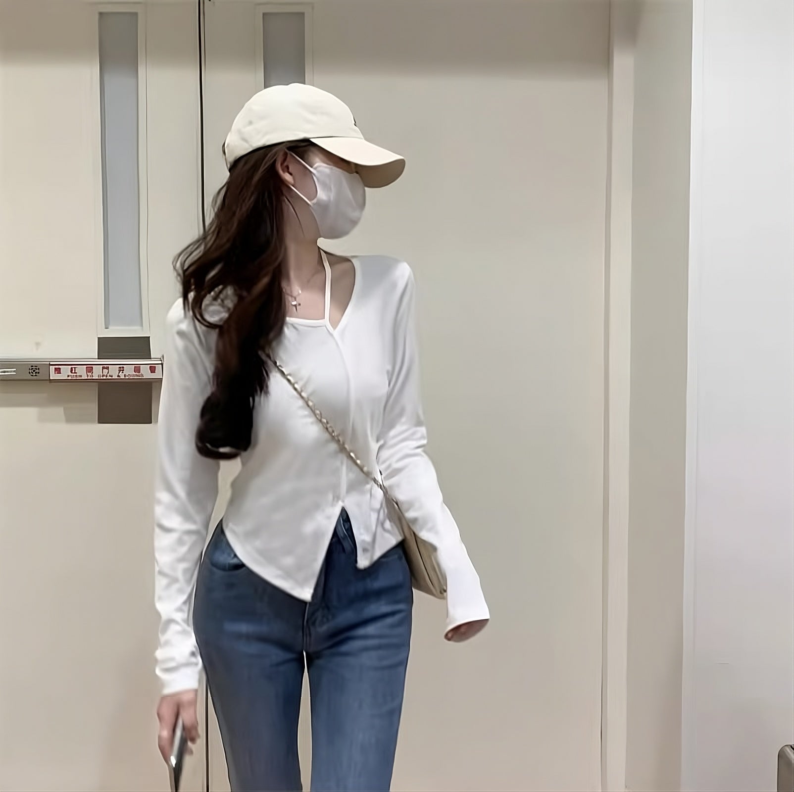 White Strap Irregular Long Sleeves Top
