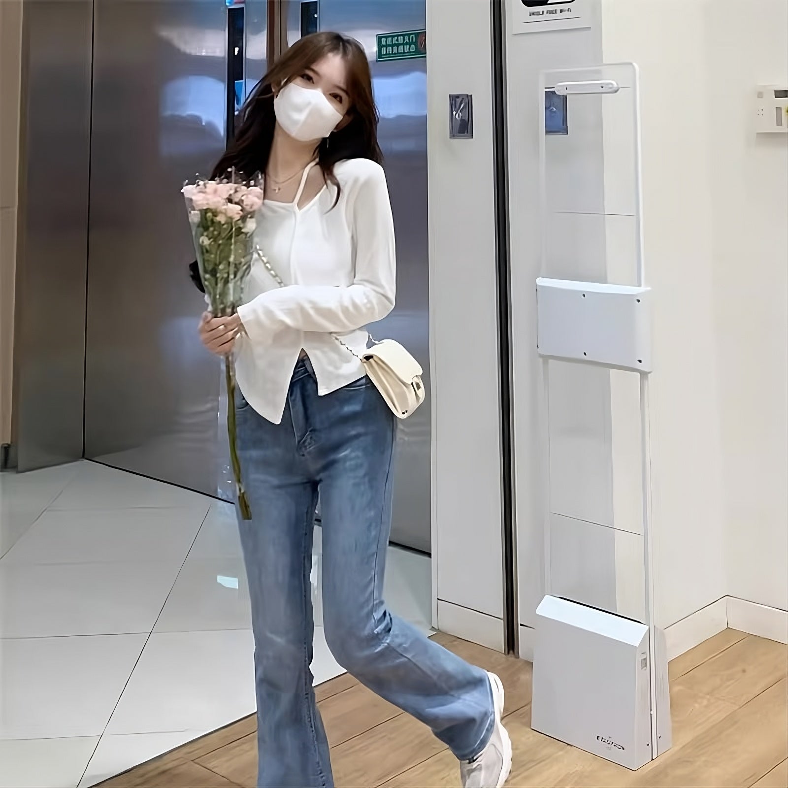 White Strap Irregular Long Sleeves Top