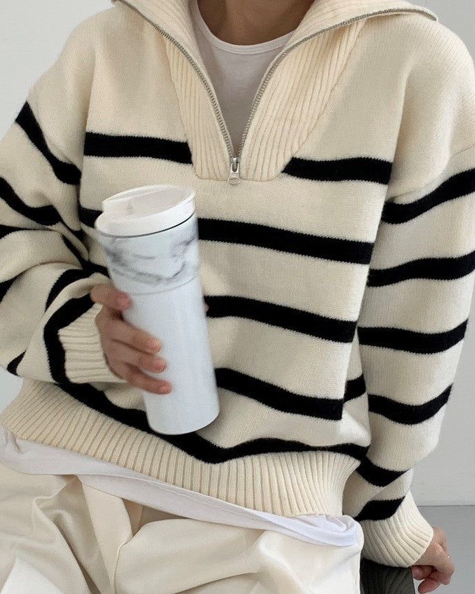 White Stripe Half Zip Sweater