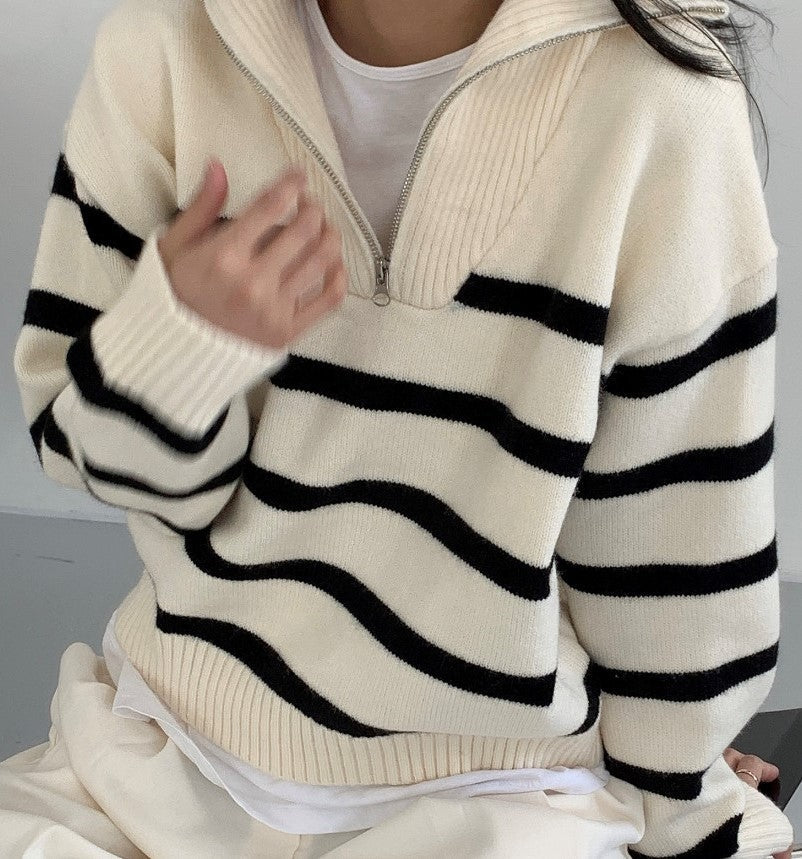White Stripe Half Zip Sweater