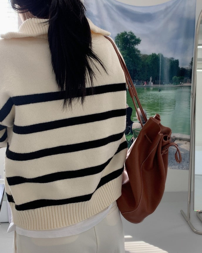White Stripe Half Zip Sweater