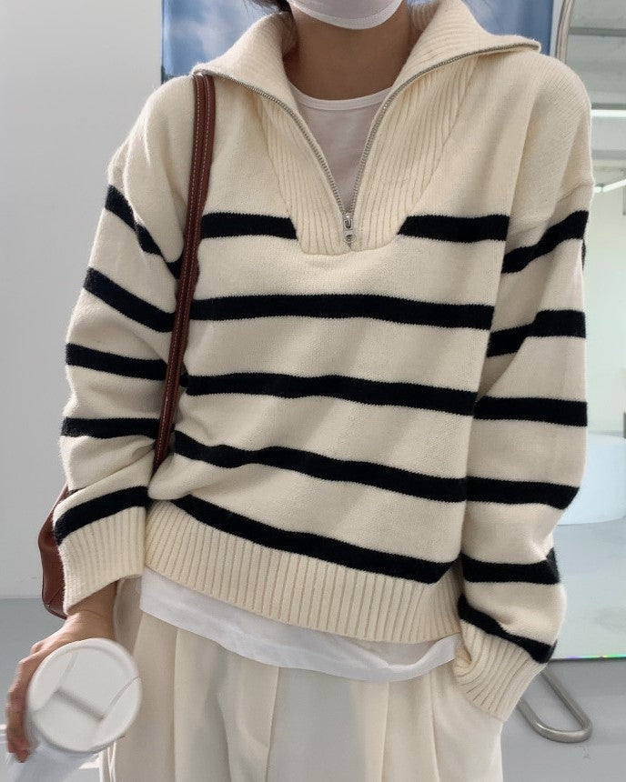 White Stripe Half Zip Sweater