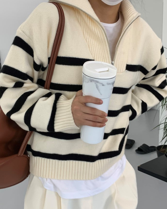White Stripe Half Zip Sweater