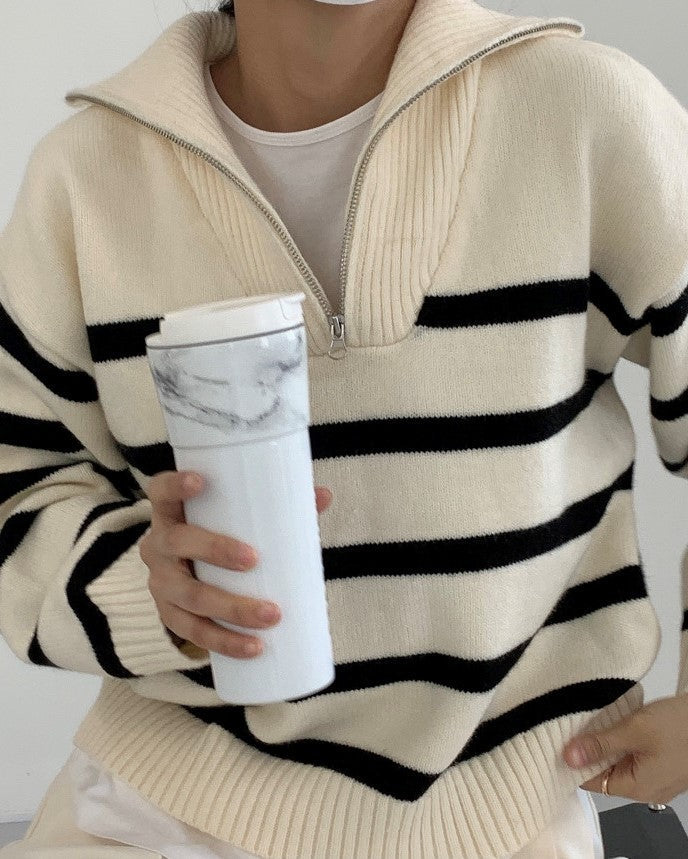 White Stripe Half Zip Sweater