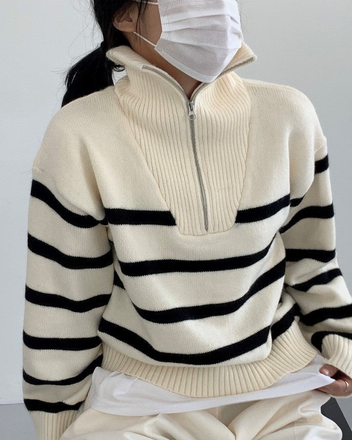 White Stripe Half Zip Sweater