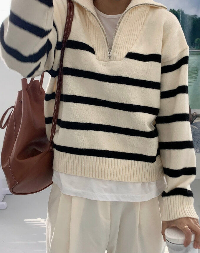 White Stripe Half Zip Sweater