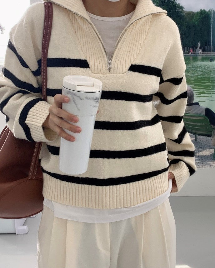 White Stripe Half Zip Sweater
