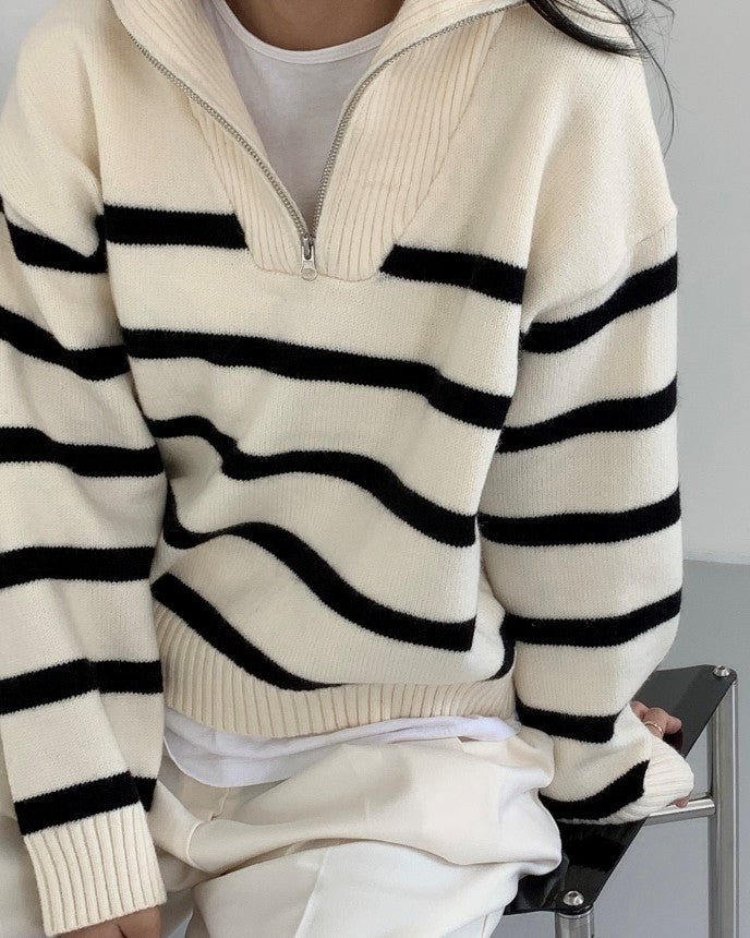 White Stripe Half Zip Sweater