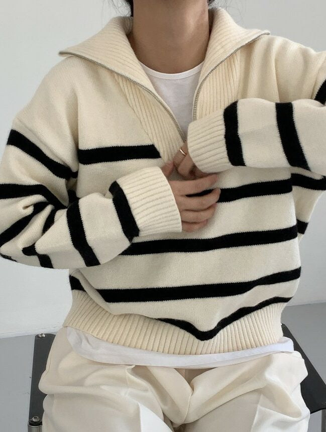 White Stripe Half Zip Sweater