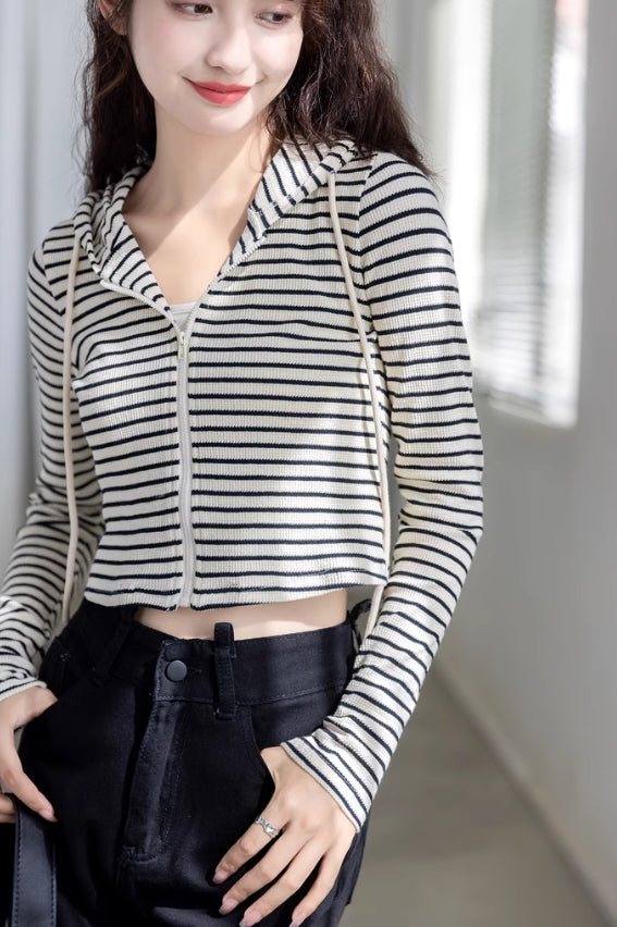 White Striped Slim Fit Hooded Jacket