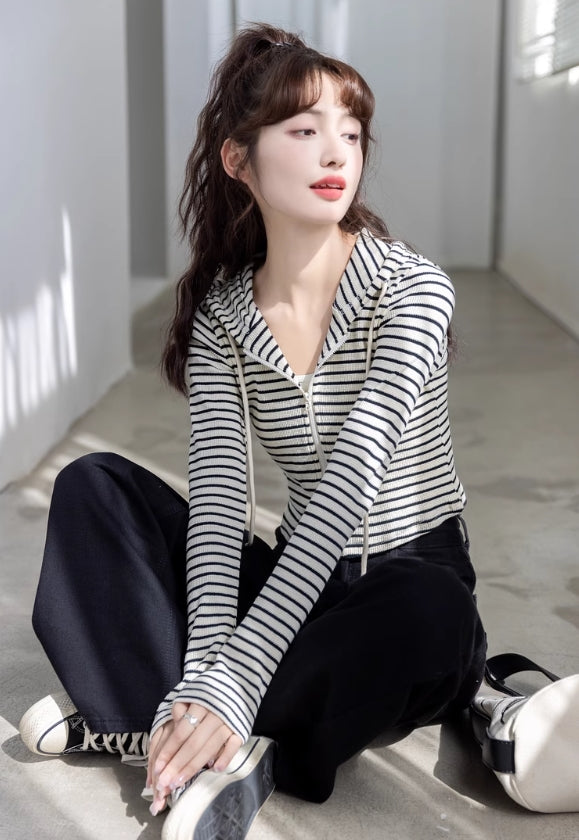 White Striped Slim Fit Hooded Jacket