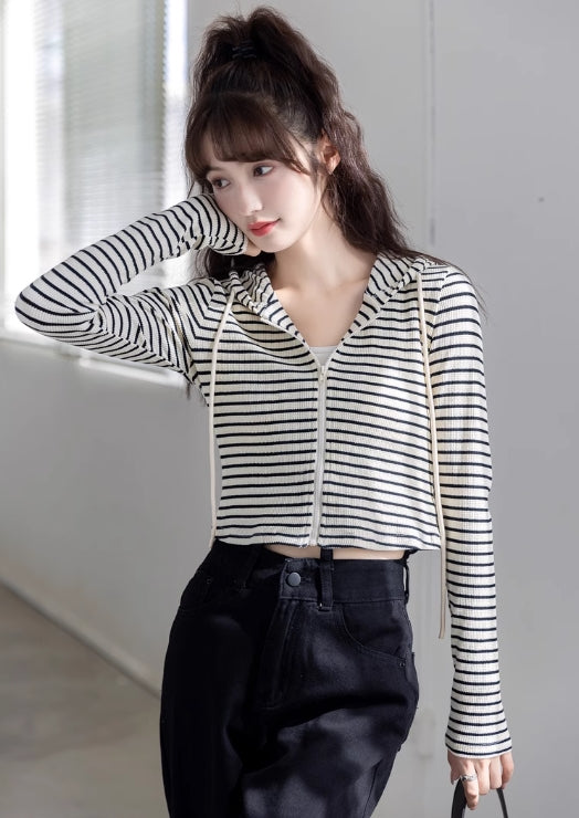 White Striped Slim Fit Hooded Jacket