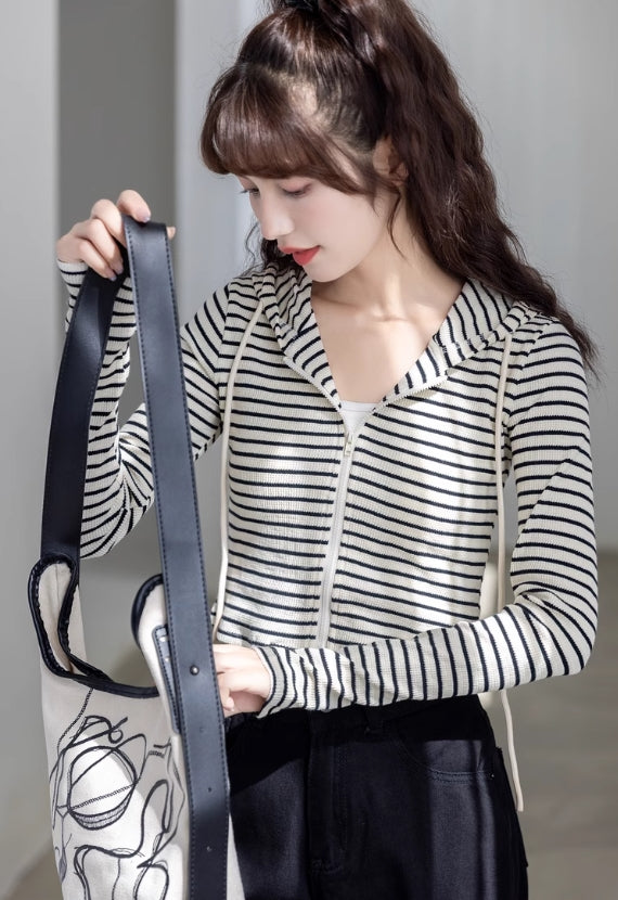 White Striped Slim Fit Hooded Jacket
