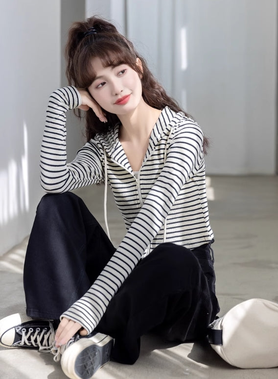 White Striped Slim Fit Hooded Jacket