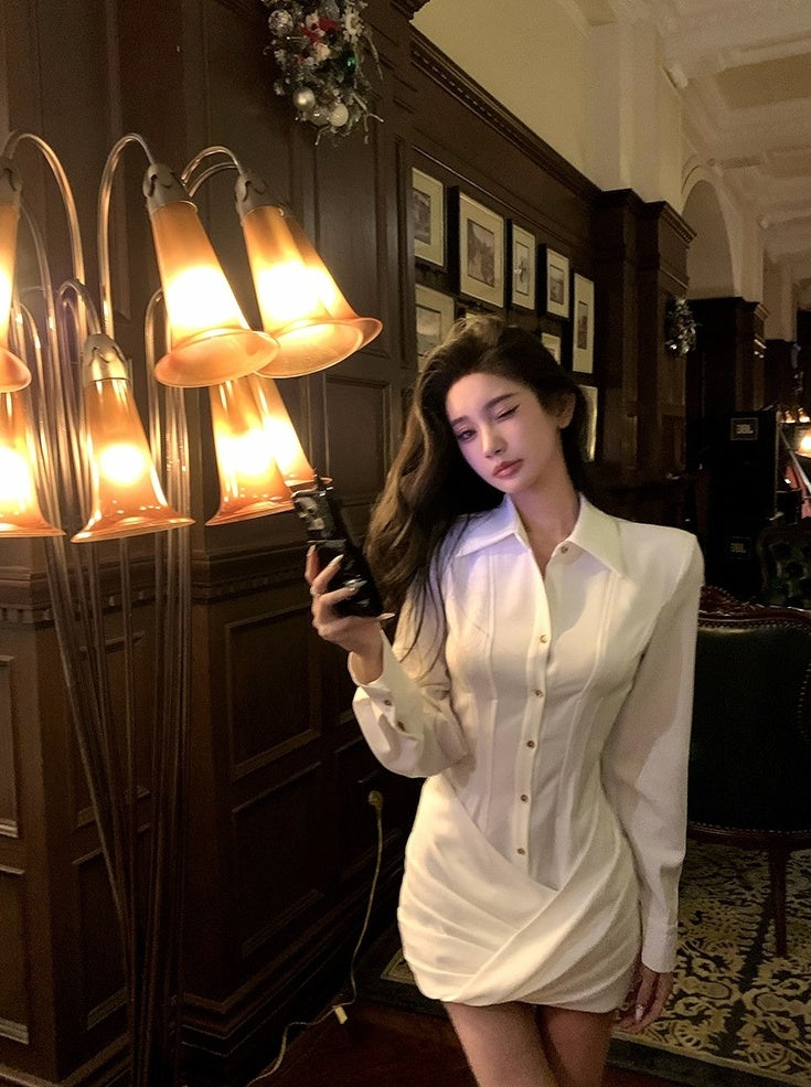 White Structured Collared Shirt Dress