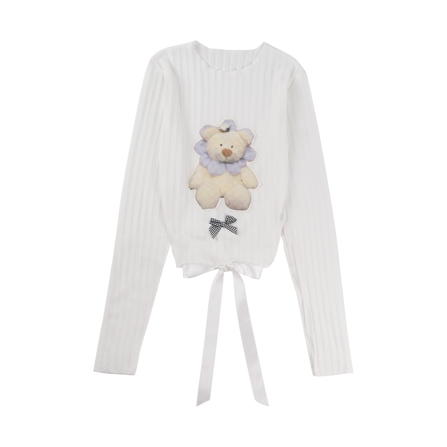 White Teddy Bear Print Bow Tie Sweater