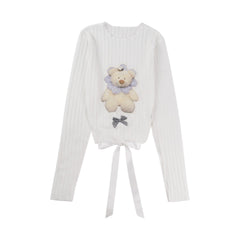 White Teddy Bear Print Bow Tie Sweater