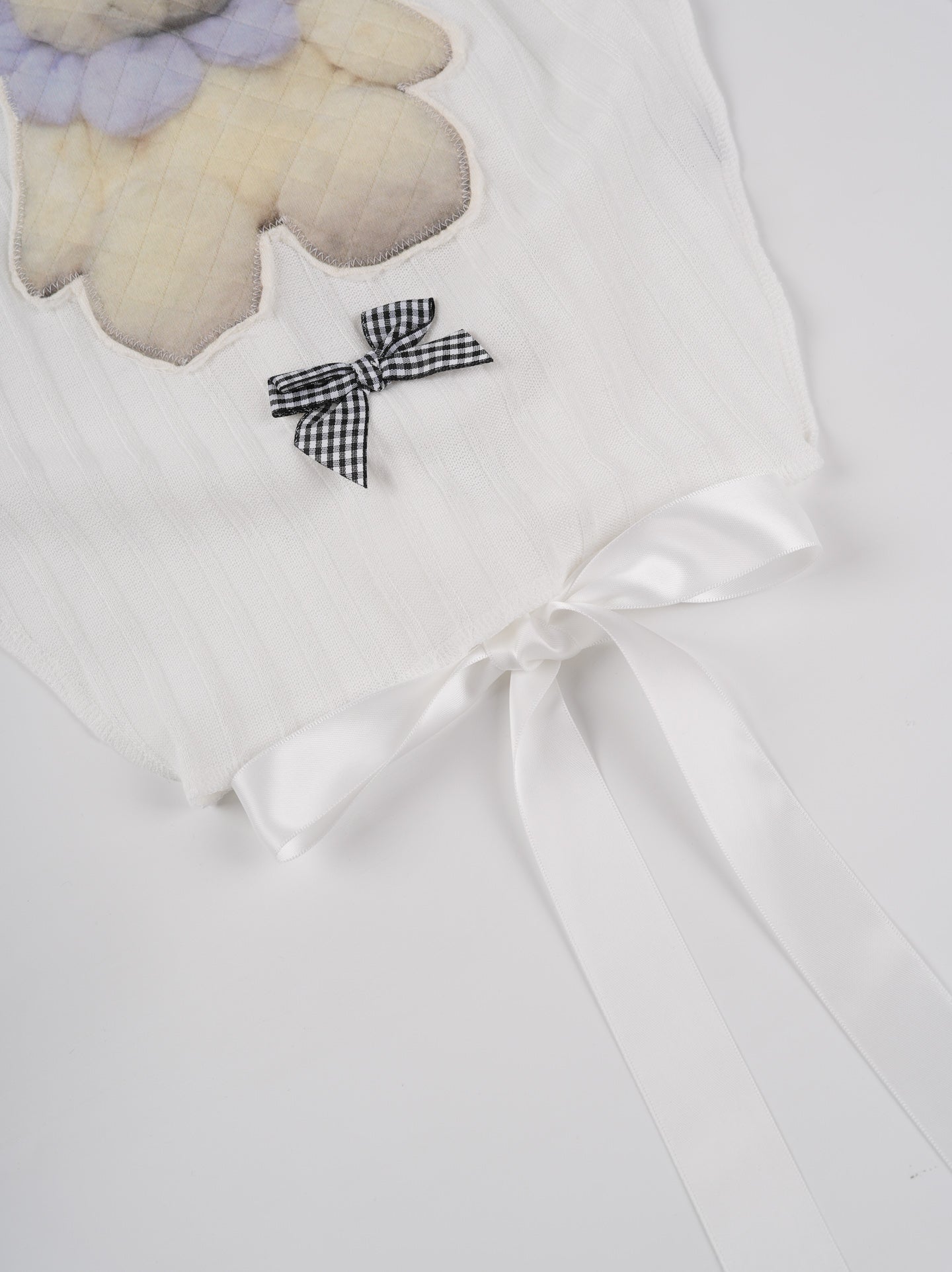 White Teddy Bear Print Bow Tie Sweater